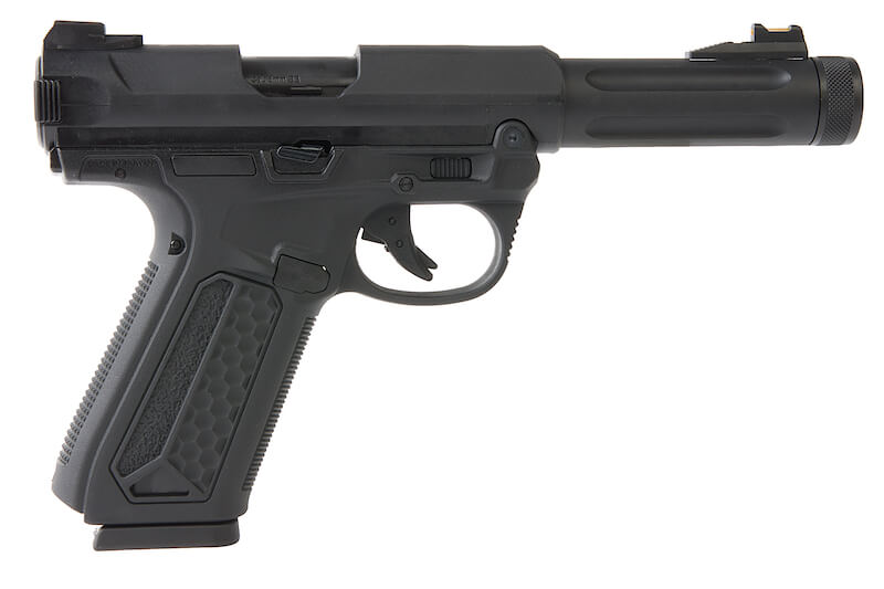 Action Army AAP01 Assasin Pistol, sort gastrykpistol airsoft i fuld auto og semi auto, skråt billede