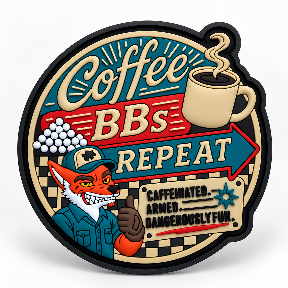 Coffee BBs Repeat PVC patch fra Hank Tactical på hvid baggrund