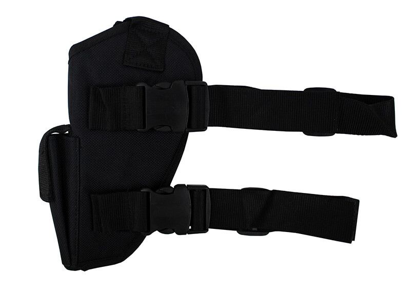 Sort lårhylster til pistol med benspænde, set bagfra.