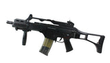 M85 airsoftgevær vist forfra, med lyddæmper og tilbehør