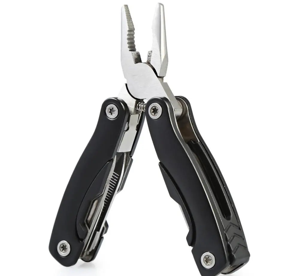 Mini Multitool sort med tang, kniv, skruetrækker, sav, fil og dåseåbner.