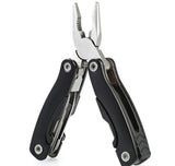 Mini Multitool sort med tang, kniv, skruetrækker, sav, fil og dåseåbner.