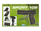 Sport 106 CO2 pistol med magasin og manual, set fra en vinkel.