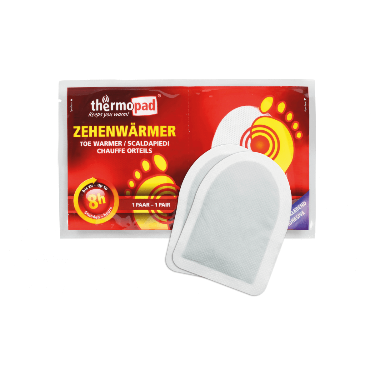 Thermopad tåvarmer 2 stk på hvid baggrund, detalje af produktemballage