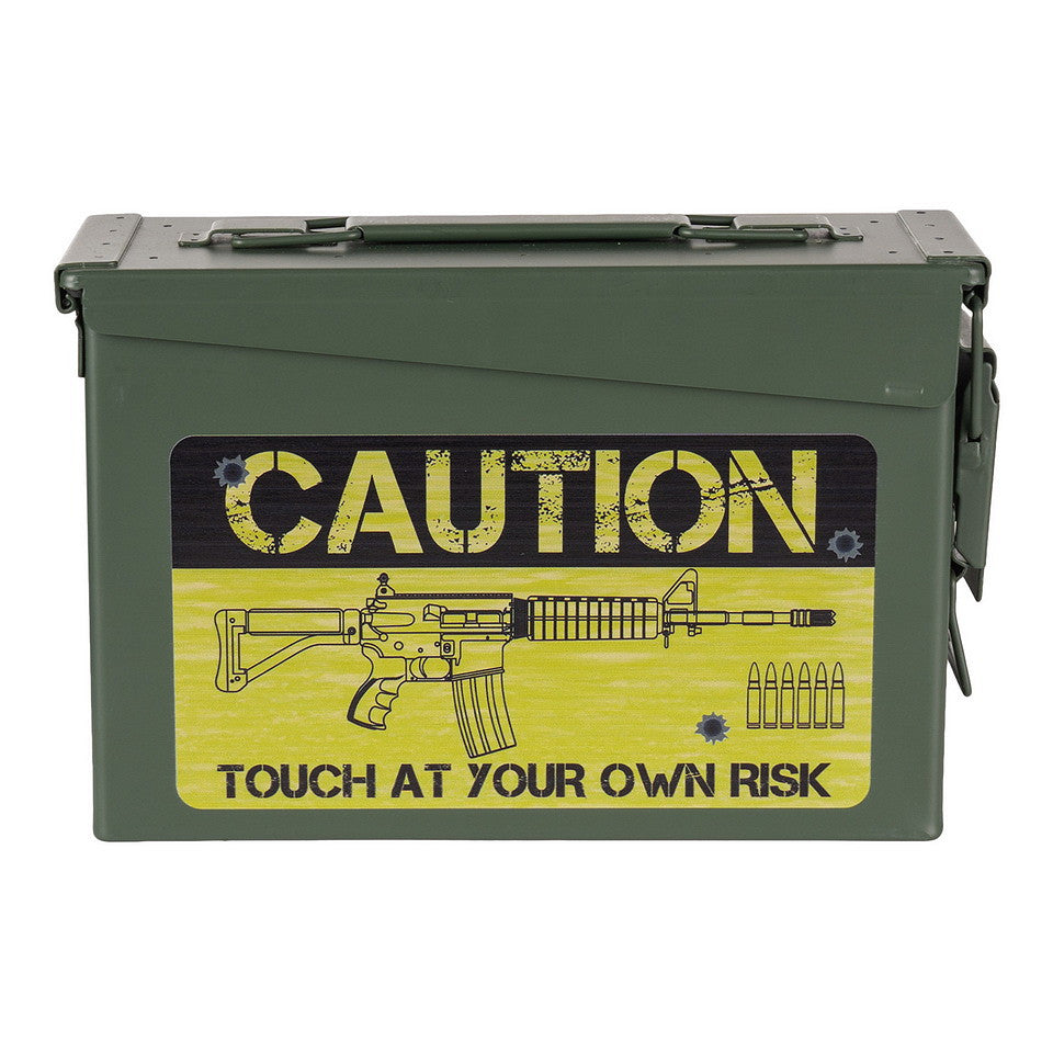 101 Inc Ammobox cal. 30 i militærgrøn med CAUTION-advarsel og rifleskildring.