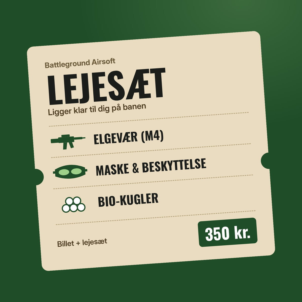 Lejesæt til Battleground Airsoft: elgevær, maske og BIO-kugler